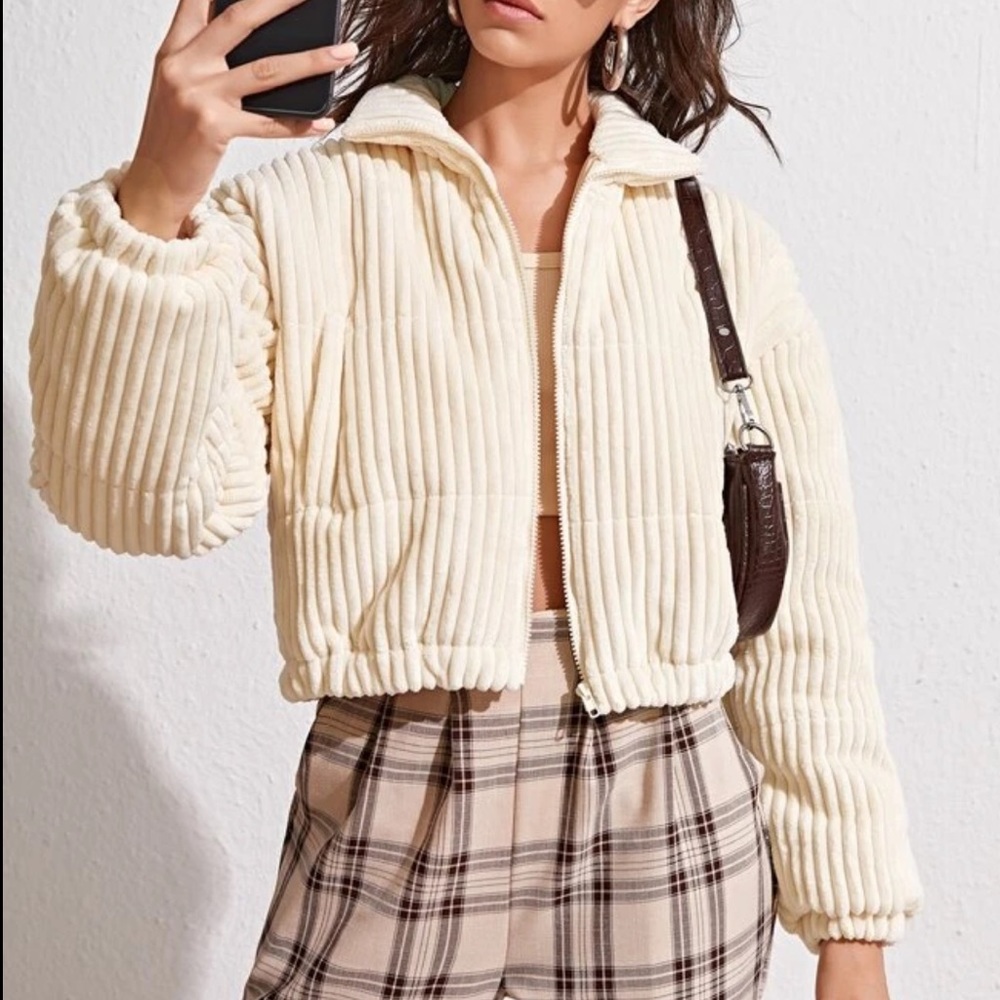 Velvet Cropped Jacket, Ribbed Puffer Coat - Picture 2 of 14